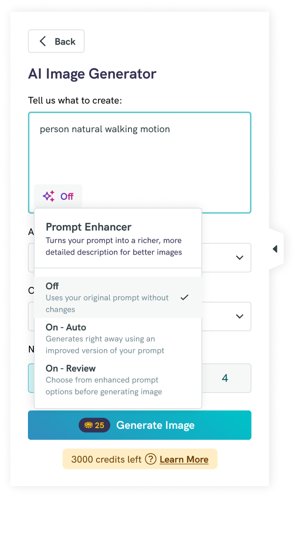 AI Image Generator with the Prompt Enhancer dropdown: Off, On-Auto, On-Review