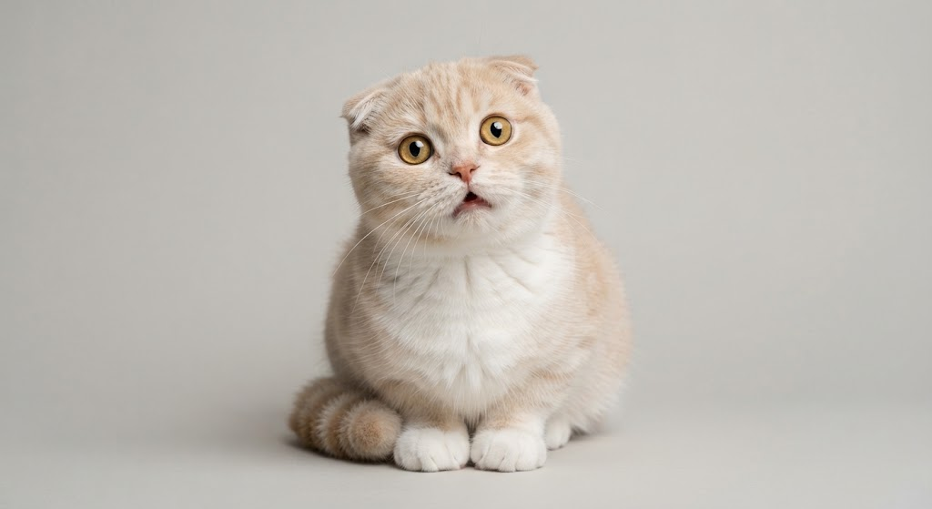 Generated from the raw prompt: a plain studio shot of a cream Scottish Fold on a grey backdrop