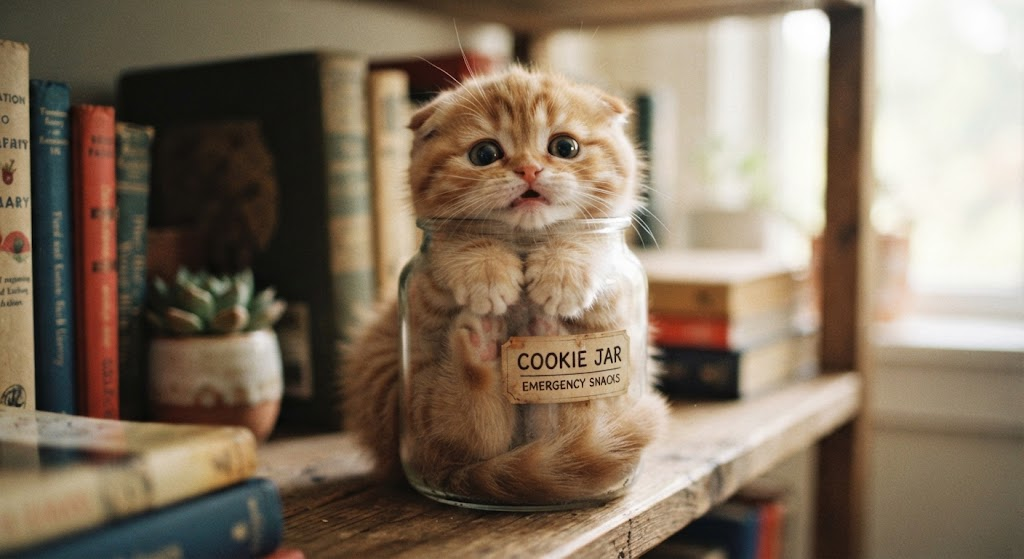 Generated from the enhanced prompt: an orange tabby kitten squished inside a glass jar labelled Cookie Jar, Emergency Snacks, on a rustic bookshelf