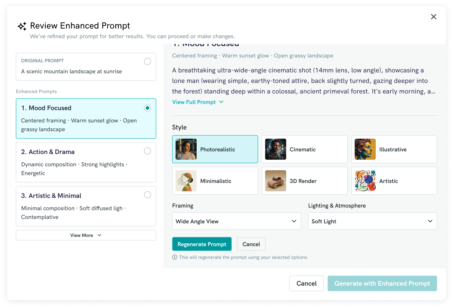 Customize Prompt: Style, Framing, and Lighting and Atmosphere controls